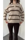 Krem Çizgili Polo Yaka Çizgili Oversize Trend Kazak