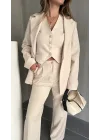 Krem Double Yelek-Pantolon-Blazer Ceket 3lü Set Takım