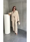 Krem Double Yelek-Pantolon-Blazer Ceket 3lü Set Takım
