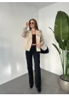 Krem Kısa Kruvaze Oversize Astarlı Cepli Kaşe Ceket Mont
