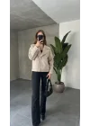 Krem Kısa Kruvaze Oversize Astarlı Cepli Kaşe Ceket Mont