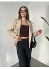 Krem Kısa Kruvaze Oversize Astarlı Cepli Kaşe Ceket Mont