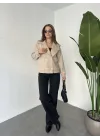 Krem Kısa Kruvaze Oversize Astarlı Cepli Kaşe Ceket Mont