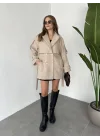 Krem Kruvaze Oversize Astarlı Cepli Kuşaklı Kaşe Mont Kaban