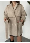 Krem Kruvaze Oversize Astarlı Cepli Kuşaklı Kaşe Mont Kaban