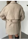 Krem Kruvaze Oversize Astarlı Cepli Kuşaklı Kaşe Mont Kaban
