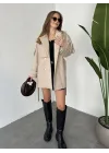 Krem Kruvaze Oversize Astarlı Cepli Kuşaklı Kaşe Mont Kaban