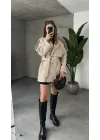 Krem Kruvaze Oversize Astarlı Cepli Kuşaklı Kaşe Mont Kaban
