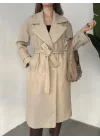 Krem Kruvaze Oversize Premium Kalite Kuşaklı Tam Boy Uzun Kaşe Mont
