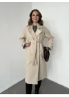 Krem Kruvaze Oversize Premium Kalite Kuşaklı Tam Boy Uzun Kaşe Mont