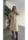 Krem Kruvaze Oversize Premium Kalite Kuşaklı Tam Boy Uzun Kaşe Mont