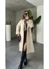 Krem Kruvaze Oversize Premium Kalite Kuşaklı Tam Boy Uzun Kaşe Mont