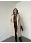 Krem Kruvaze Oversize Premium Kalite Kuşaklı Tam Boy Uzun Kaşe Mont