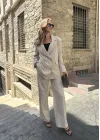 Krem Oversize Kruvaze Ceket Tam Kalıp Palazzo Pantolon Viskon Premium İkili Takım
