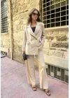 Krem Oversize Kruvaze Ceket Tam Kalıp Palazzo Pantolon Viskon Premium İkili Takım