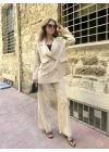 Krem Oversize Kruvaze Ceket Tam Kalıp Palazzo Pantolon Viskon Premium İkili Takım