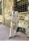 Krem Oversize Kruvaze Ceket Tam Kalıp Palazzo Pantolon Viskon Premium İkili Takım