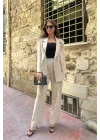 Krem Oversize Kruvaze Ceket Tam Kalıp Palazzo Pantolon Viskon Premium İkili Takım