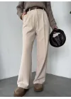 Krem Pileli Tam Kalıp Bel Oturtmalı Geniş Paça Palazzo Pantolon