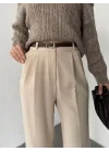 Krem Pileli Tam Kalıp Bel Oturtmalı Geniş Paça Palazzo Pantolon