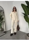Krem Polo Yakalı Kazak İspanyol Paça Triko Pantolon İkili Takım