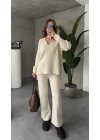 Krem Polo Yakalı Kazak İspanyol Paça Triko Pantolon İkili Takım