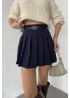 Lacivert Astarlı Şortlu Kemerli Pileli Kışlık Mini Etek