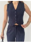 Lacivert Çizgili Kolsuz Düğmeli Astarlı Yelek