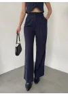 Lacivert Çizgili Pileli Tam Kalıp Bel Oturtmalı Geniş Paça Palazzo Pantolon
