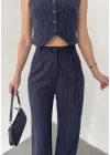 Lacivert Çizgili Pileli Tam Kalıp Bel Oturtmalı Geniş Paça Palazzo Pantolon
