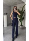 Lacivert Çizgili Pileli Tam Kalıp Bel Oturtmalı Geniş Paça Palazzo Pantolon