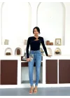 Lacivert Gold Aksesuarlı Göğüs Dekolteli Uzun Kollu Candy Body Bluz