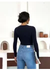 Lacivert Gold Aksesuarlı Göğüs Dekolteli Uzun Kollu Candy Body Bluz