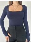 Lacivert Kare Yaka Parmak Geçirmeli Uzun Kol Candy Body Bluz
