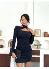Lacivert Pencere Detaylı Boyun Geçirmeli Büzgülü Sırt Dekolteli Uzun Kollu Mini Candy Elbise