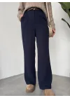 Lacivert Pileli Tam Kalıp Bel Oturtmalı Geniş Paça Palazzo Pantolon