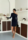 Lacivert Tek Omuz Kayık Yaka Büzgülü Parmak Geçirmeli Mini Boy Candy Elbise