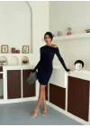 Lacivert Tek Omuz Kayık Yaka Büzgülü Parmak Geçirmeli Mini Boy Candy Elbise