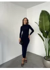 Lacivert Vucudu Saran Büzgülü Drapeli Tam Boy Uzun Kollu Candy Elbise