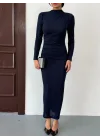 Lacivert Vucudu Saran Simli Parlak Büzgülü Drapeli Midi Boy Uzun Kollu Elbise