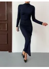 Lacivert Vucudu Saran Simli Parlak Büzgülü Drapeli Midi Boy Uzun Kollu Elbise