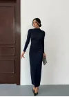 Lacivert Vucudu Saran Simli Parlak Büzgülü Drapeli Midi Boy Uzun Kollu Elbise