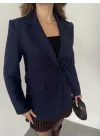 Lacivert Yandan Bağlamalı Astarlı Günlük Ceket