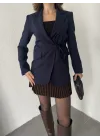 Lacivert Yandan Bağlamalı Astarlı Günlük Ceket