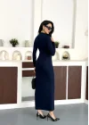 Lacivert Yarım Fermuarlı Fitilli Tam Boy Uzun Kollu Midi Elbise