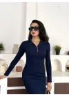 Lacivert Yarım Fermuarlı Fitilli Tam Boy Uzun Kollu Midi Elbise