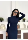 Lacivert Yarım Fermuarlı Fitilli Tam Boy Uzun Kollu Midi Elbise