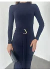 Lacivert Zr Model Bisiklet Yaka Aksesuarlı Kuşaklı Midi Boy Candy Elbise