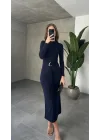 Lacivert Zr Model Bisiklet Yaka Aksesuarlı Kuşaklı Midi Boy Candy Elbise