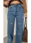 Mavi Beyaz Fiyonk İşlemeli Yıkamalı Baggy Geniş Paça Yüksek Bel Oturtmalı Jean Kot Pantolon